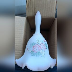 VTG FENTON SATIN ROSE PINK  RUFFLE EDGE HAND PAINTED SIGNED BELL